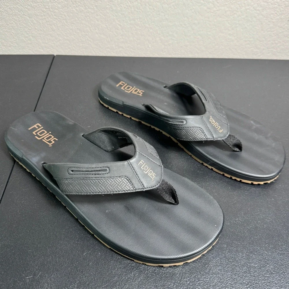 Flojos Mens Black Thong‎ Sandals Flip Flops Size 12 Textured Footbed Summer